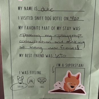 Sniff Dog Hotel - Cute stay card when you pick up your pup. - Pet Sitting Near Me - Portland, Oregon Sniff Dog Hotel - Cute stay card when you pick up your pup. - Pet Sitting Near Me - Portland, Oregon