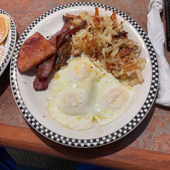Black Bear Diner Tempe - Sweet cream pancakes with hash browns bacon eggs and ham slice - Breakfast & Brunch Near Me - Tempe, Arizona