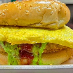 Lahore Chaat & Desi Burger House - Vegetarian Burger with Fried Egg and Green & Tamarind Chutneys