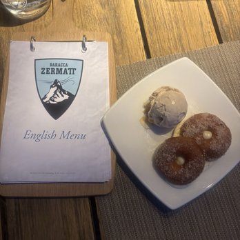 Baracca Zermatt - Menu and two donuts with ice cream - Fondue Near Me - Kloten, ZH Baracca Zermatt - Menu and two donuts with ice cream - Fondue Near Me - Kloten, ZH
