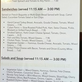 Rendezvous Cafe - Menu. Breakfast sandwiches served until 3pm; lunch paninis, aoup, and salads served from 11:15 until 3pm (when the kitchen closes). - Cafes Near Me - Cumming, Georgia