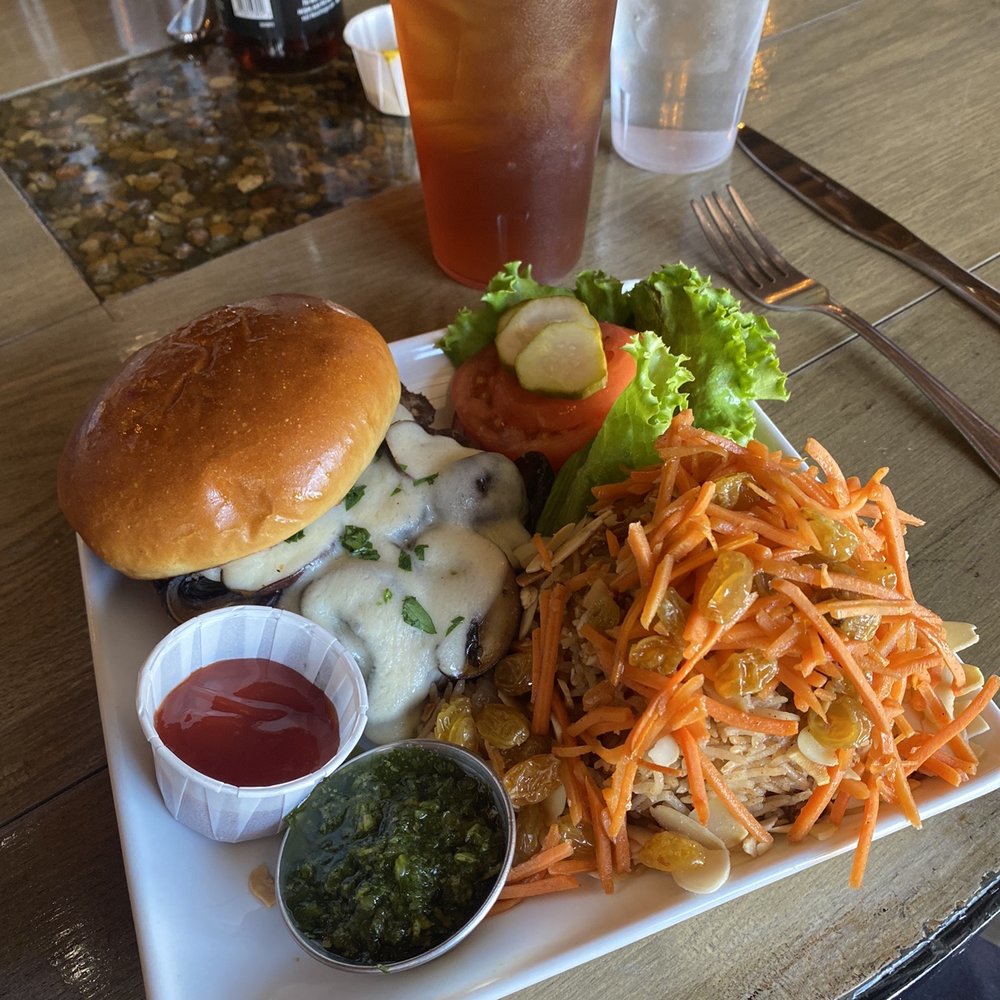 The Kosmos - Kosmos burger smashed with Swiss and portobello mushrooms and a side of Afghan Rice. Amazing!! - Bars Near Me - Albuquerque, New Mexico