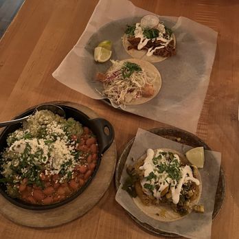 Bakersfield Nashville - Green rice and charro beans, potato, corn, onion & poblano taco, fish taco & short rib taco. - Tacos Near Me - Nashville, Tennessee