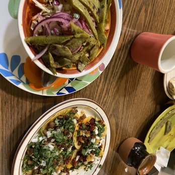 Borreguitas Bar Express - Posole , added grilled cactus  and Tacos 3 de Asada y 3 de Al Pastor - Mexican Near Me - Pomona, California