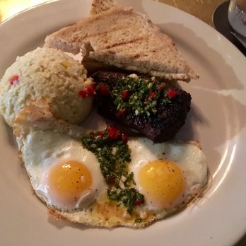 Moonshine Grill - Delicious delicious delicious, steak and eggs, with chimichurri and cheddar grits, not on the menu. It was the special of the day, - Southern Near Me - Austin, Texas