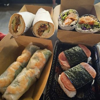 Rolled Up - Banh Mi and Spring roll from Next door district one. Salmon Burrito and Spam Musubi from Rolled Up. Very medicore, to be honest. - Sushi Bars Near Me - Carlsbad, California