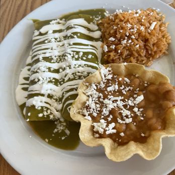 Los Agaves - Chile Verde Enchiladas Side of Rice & Pinto Beans - New American Near Me - Santa Barbara, California