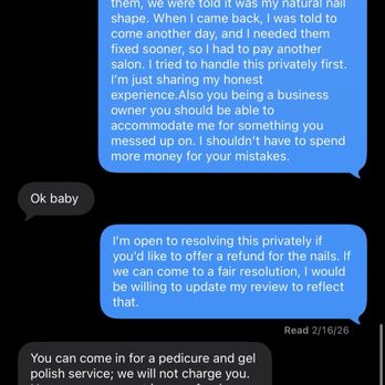 November Nails & Spa - when I say I'll remove the review all of a sudden to make the situation right is an option, when it should've been an option to begin with. - Nail Salons Near Me - Plant City, Florida
