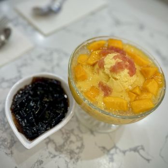 Mango Mango Dessert - Special mango juice sago & pomelo with mango ice cream and a side of herbal jelly - Desserts Near Me - Quincy, Massachusetts