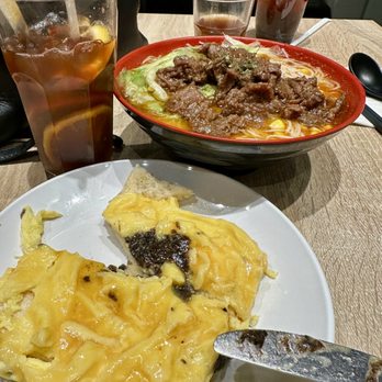 Cafe De Hong Kong - Combo D, truffle eggs on toast & satay beef vermicelli in soup & iced tea. - Hong Kong Style Cafe Near Me - Markham, Ontario Cafe De Hong Kong - Combo D, truffle eggs on toast & satay beef vermicelli in soup & iced tea. - Hong Kong Style Cafe Near Me - Markham, Ontario