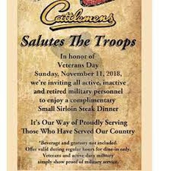 Cattlemens Steakhouse - I recommend. Is grateful to Veterans and GIs as HAS daily Military and Veterans Discount and free meal on Veterans Day. - Steakhouses Near Me - Redding, California Cattlemens Steakhouse - I recommend. Is grateful to Veterans and GIs as HAS daily Military and Veterans Discount and free meal on Veterans Day. - Steakhouses Near Me - Redding, California