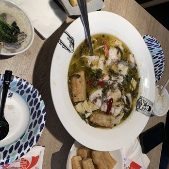 B2J Fish Soup - Sour and spicy fish for two people. Fired milk (top centered); fried dough (bottom centered) - Chinese Near Me - Edison, New Jersey B2J Fish Soup - Sour and spicy fish for two people. Fired milk (top centered); fried dough (bottom centered) - Chinese Near Me - Edison, New Jersey