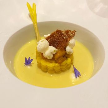 l’abeille - Creamy Corn Velouté, Makrut Scented Cornbread, Miso-Caramelized Sea Urchin (Course 2) - French Near Me - New York, New York