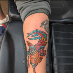 Golden Toad Tattoo - Bold traditional-style rooster tattoo featuring bright red, orange and teal colors with strong black outlines