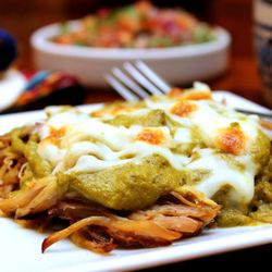 La Cocina De Ana - Bake at Home - Puerco con Poblano - Poblano Pork. Shredded pork carnitas covered with a creamy poblano sauce. Great for eating with rice or making tacos.