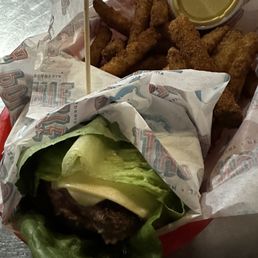 Inside out juicy Lucy with a lettuce bun