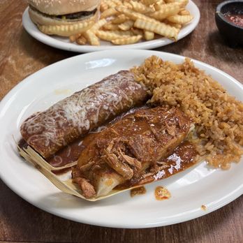 Casa Mendoza - Pork tamale, shredded beef enchilada and rice...and a cheese burger with fries. - Mexican Near Me - Three Rivers, California Casa Mendoza - Pork tamale, shredded beef enchilada and rice...and a cheese burger with fries. - Mexican Near Me - Three Rivers, California