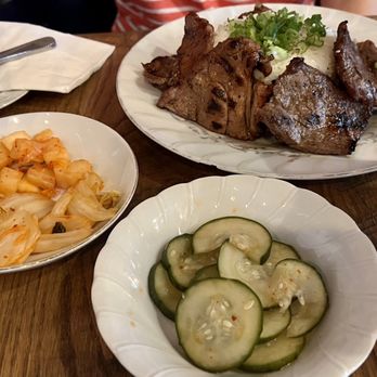 Soju - The bbq combination plate, kimchi, and spicy cucumber salad. No color, no life - Korean Near Me - Pittsburgh, Pennsylvania