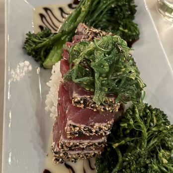 Lavender Bistro - Seared Nori Sesame Crusted Pacific Ahi Tuna with broccolini and a crème burre sauce - New American Near Me - La Quinta, California Lavender Bistro - Seared Nori Sesame Crusted Pacific Ahi Tuna with broccolini and a crème burre sauce - New American Near Me - La Quinta, California