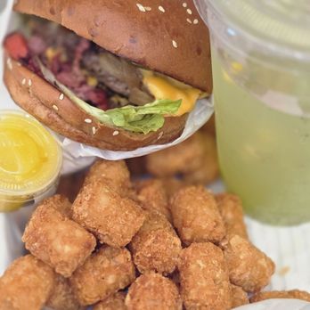 Ray's - Pastrami cheese burger w/extra crispy tots  Pineapple Cucumber lemonade and chopped chilies - Sandwiches Near Me - Los Angeles, California