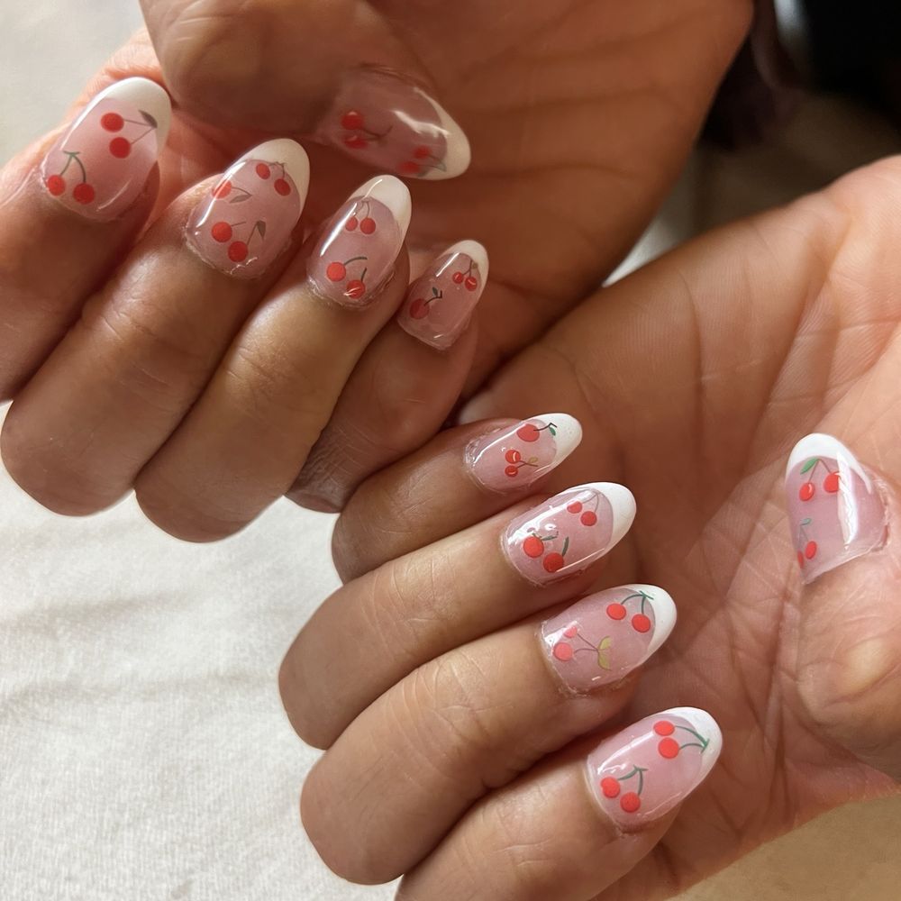 Almond shaped Cherry French tip nails Almond shaped Cherry French tip nails