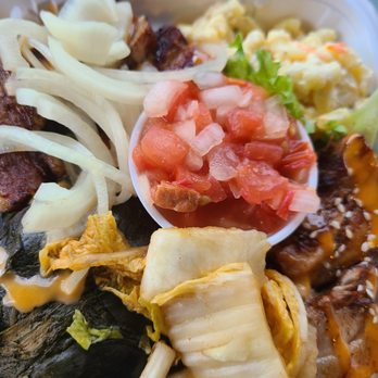 Da 808 Plate - pork belly with side of lau, lomi, kim chee and pickle onions1 - Food Trucks Near Me - Mililani, Hawaii Da 808 Plate - pork belly with side of lau, lomi, kim chee and pickle onions1 - Food Trucks Near Me - Mililani, Hawaii