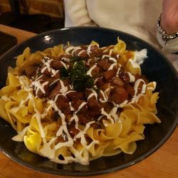 Knife And Stone - My daughter's beef stroganoff dish, needed more kosher salt and pepper... pasta cooked well, just needed more seasoning.