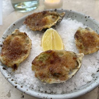 Manuela - Barbecued Oysters, Green Garlic Butter, Breadcrumbs, Parmesan - New American Near Me - Los Angeles, California Manuela - Barbecued Oysters, Green Garlic Butter, Breadcrumbs, Parmesan - New American Near Me - Los Angeles, California