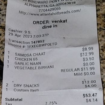 Hot Breads - The receipt. - Indian Near Me - Alpharetta, Georgia Hot Breads - The receipt. - Indian Near Me - Alpharetta, Georgia