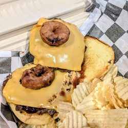 Shady Shack Ice Cream and Grill - Cowboy Cheeseburger, $13. We had good luck ordering the first time, but apparently they're not consistent. These onion rings are ridiculous.