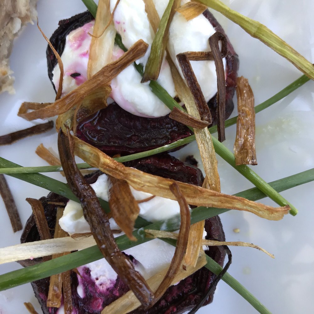 Swing Wine Bar & Cafe - Roasted Beet Salad with Chèvre, fried leeks and chives. - New American Near Me - Olympia, Washington Swing Wine Bar & Cafe - Roasted Beet Salad with Chèvre, fried leeks and chives. - New American Near Me - Olympia, Washington