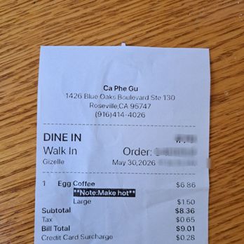 Gu Coffee & Tea - For a Hot Egg Coffee filled to top, you need to pay $1.50 upgrade to large size. Coffee ends up over $9 paying by credit card. - Coffee & Tea Near Me - Roseville, California Gu Coffee & Tea - For a Hot Egg Coffee filled to top, you need to pay $1.50 upgrade to large size. Coffee ends up over $9 paying by credit card. - Coffee & Tea Near Me - Roseville, California