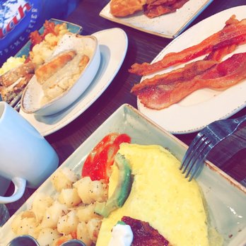 First Watch - Bacado(bottom) trifecta(right) add on of bacon and biscuits n gravy  and the traditional plate on top - Breakfast & Brunch Near Me - Pearland, Texas