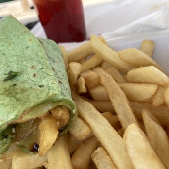 Boba Cafe & Cabaret - Pineapple teriyaki tofu wrap with fries - Cafes Near Me - Las Cruces, New Mexico