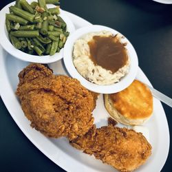 The Hidden Crab - Two piece fried chicken dinner with green beans, mashed potatoes w/gravy, and a biscuit