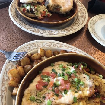 Another Broken Egg Cafe - Crab cakes (used additional English muffin to make two separate sandwiches) and Stan's Mardi Gras Omelette Breakfast - Breakfast & Brunch Near Me - Dunwoody, Georgia