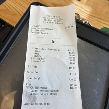 Five Guys - Receipt showing incorrect ring up of order. - Burgers Near Me - Mt. Airy, Maryland Five Guys - Receipt showing incorrect ring up of order. - Burgers Near Me - Mt. Airy, Maryland
