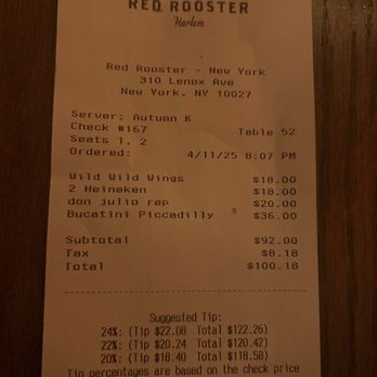 Red Rooster Harlem - Receipt - American Near Me - New York, New York Red Rooster Harlem - Receipt - American Near Me - New York, New York