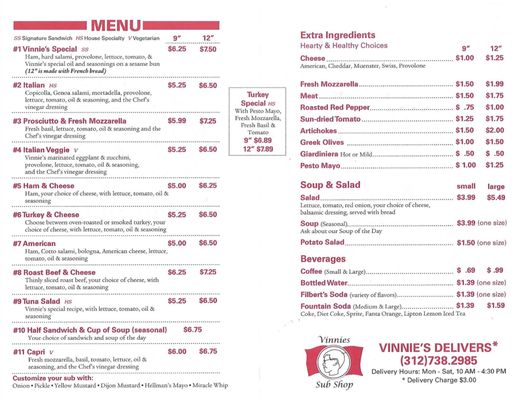 Menu photo 1 Vinnie's Sub Shop Chicago, IL