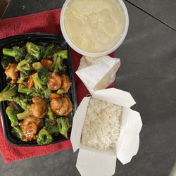 China Star - Shrimp and Broccoli, plain white rice and small egg drop soup