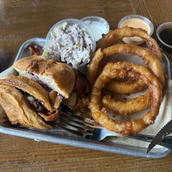 Craft Burger - Blueberry Burger and Onion Rings Comes with 3 sauces for onion rings - Burgers Near Me - Placentia, California
