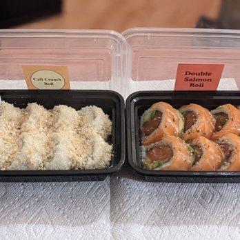DelSushi - California Crunch roll and a Double Salmon roll (salmon and avocado inside and out) - Sushi Bars Near Me - La Jolla, California