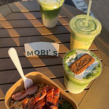 Mori’s - Uji rich matcha latte Crème brûlée matcha swirl Cloudy matcha Honey and spicy chicken thigh  Instagram: @hungrytamale - Coffee & Tea Near Me - Irvine, California
