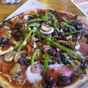 Blaze Pizza - Vegan cheese, sausage, pepperoni, salami mushrooms, red onion, green pepper, olives - Pizza Near Me - Frisco, Texas