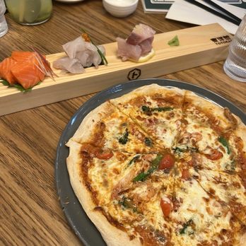 Toyokan Plaza - crab butter tomato pizza and aged sashimi - Japanese Near Me - Vancouver, British Columbia