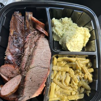 Ray's Real Pit BBQ Shack - 3 Meat Plate: ribs, brisket, sausage with potato salad and green beans. - Barbeque Near Me - Houston, Texas
