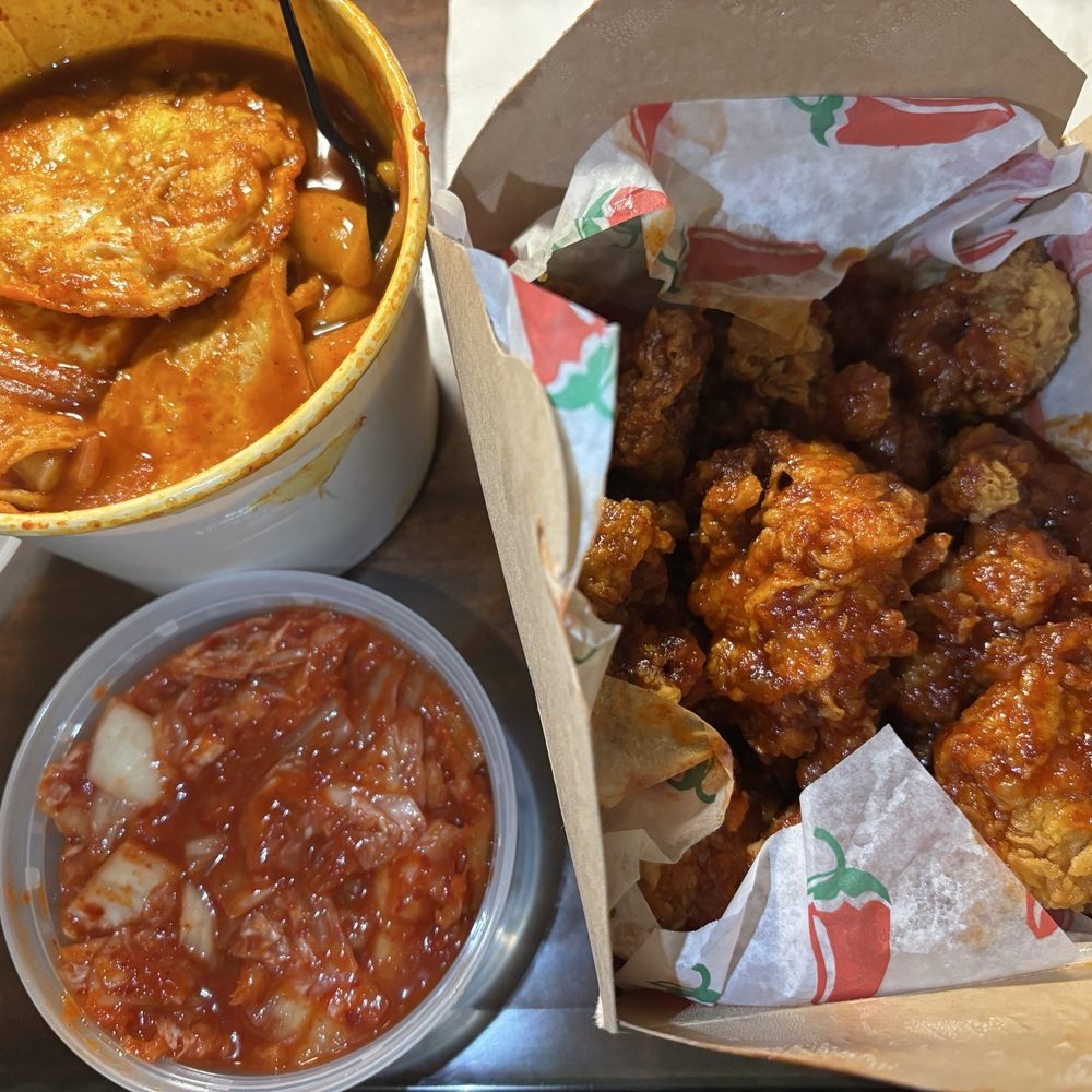Mono Mono Korean Fried Chicken - Extra egg, onions and fish cake in tteokbokki. Crispy spicy fried chicken and a side of very delicious kimchi - Korean Near Me - Denver, Colorado Mono Mono Korean Fried Chicken - Extra egg, onions and fish cake in tteokbokki. Crispy spicy fried chicken and a side of very delicious kimchi - Korean Near Me - Denver, Colorado