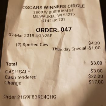 Oscar's Winner's Circle - Thursday special, dollar off. - Burgers Near Me - Milwaukee, Wisconsin