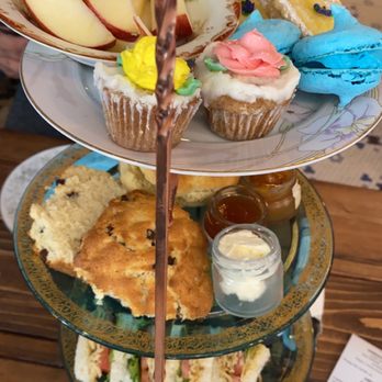 Emma's Tea Spot - Full view of tiered tray. Fruit was just sliced apples- a little disappointing for the over $60 price tag of this with tea. - Coffee & Tea Near Me - Baltimore, Maryland