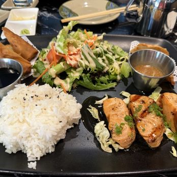 Aza Sushi - Salmon teriyaki lunch plate with gyoza and veggie egg rolls. Delicious!! - Sushi Bars Near Me - Lake Elsinore, California Aza Sushi - Salmon teriyaki lunch plate with gyoza and veggie egg rolls. Delicious!! - Sushi Bars Near Me - Lake Elsinore, California